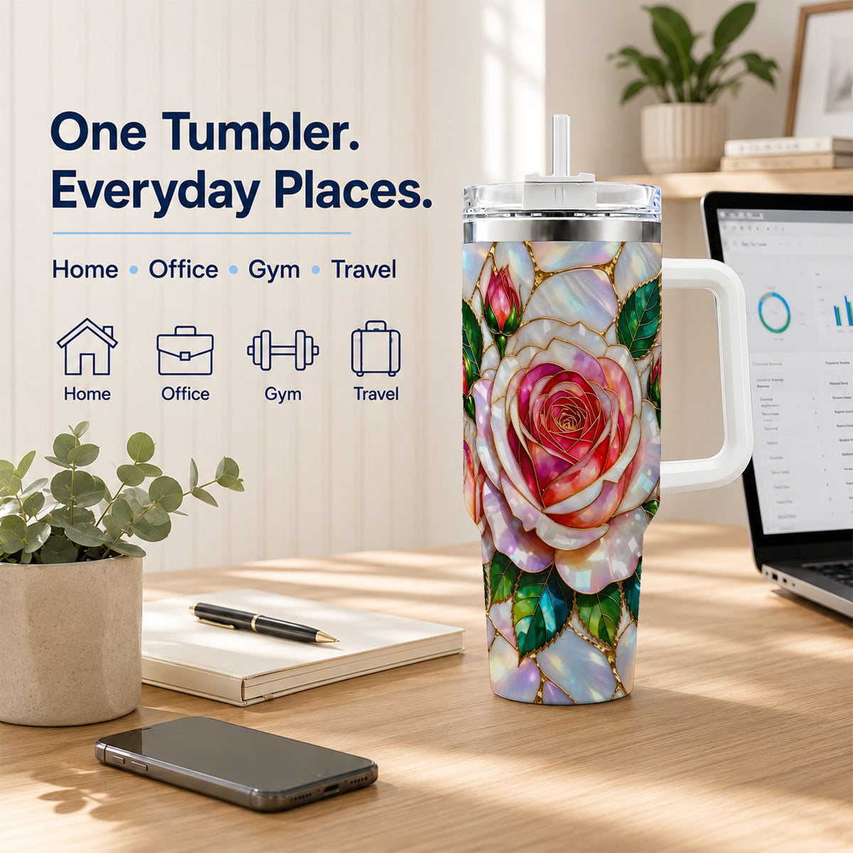 Rose Floral 40oz Tumbler, Stained Glass Botanical Stainless Steel Cup