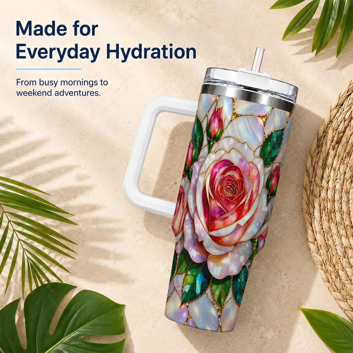 Rose Floral 40oz Tumbler, Stained Glass Botanical Stainless Steel Cup