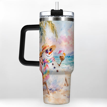 #pl[40oz|Black] Beach Snowman 40oz Tumbler, Coastal Art Stainless Steel Travel Cup