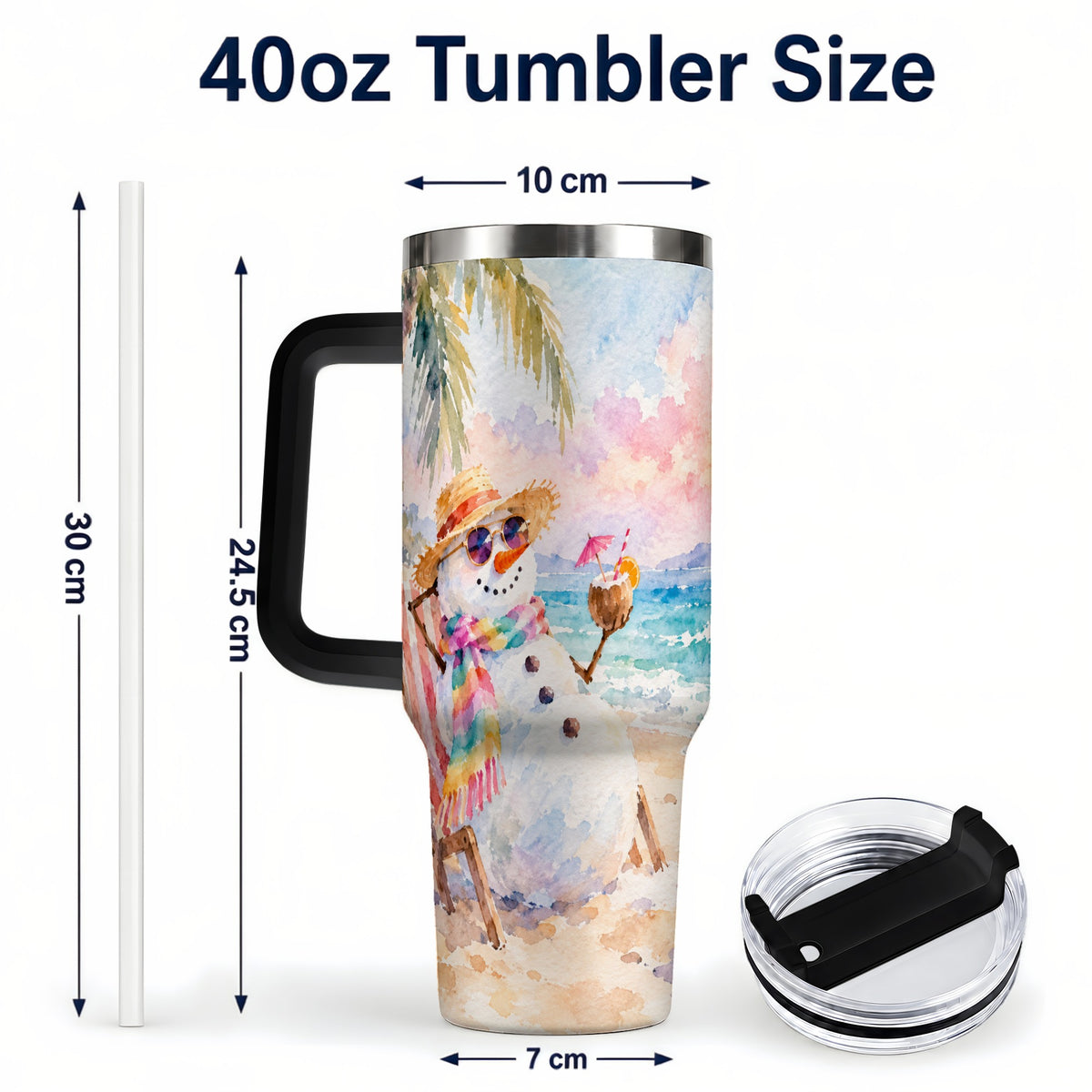#pl[40oz|Black] Beach Snowman 40oz Tumbler, Coastal Art Stainless Steel Travel Cup
