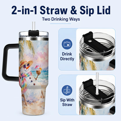 #pl[40oz|Black] Beach Snowman 40oz Tumbler, Coastal Art Stainless Steel Travel Cup