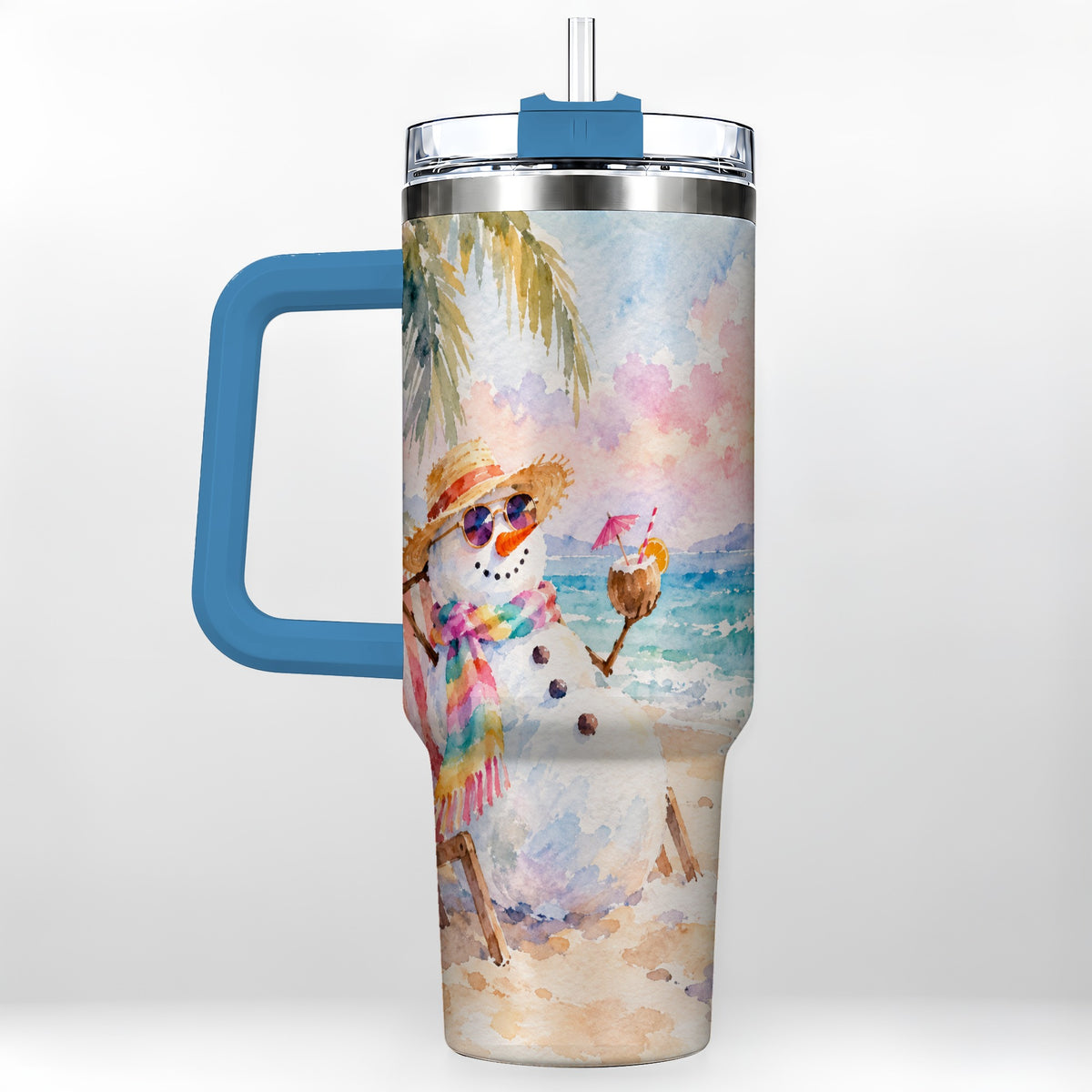 #pl[40oz|Blue] Beach Snowman 40oz Tumbler, Coastal Art Stainless Steel Travel Cup