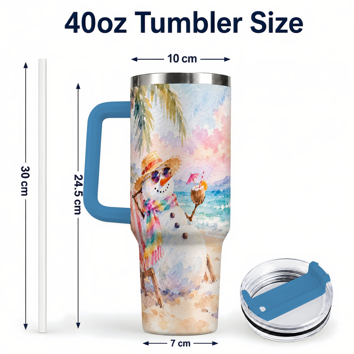 #pl[40oz|Blue] Beach Snowman 40oz Tumbler, Coastal Art Stainless Steel Travel Cup
