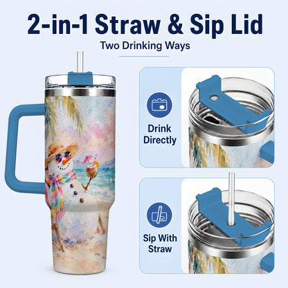 #pl[40oz|Blue] Beach Snowman 40oz Tumbler, Coastal Art Stainless Steel Travel Cup