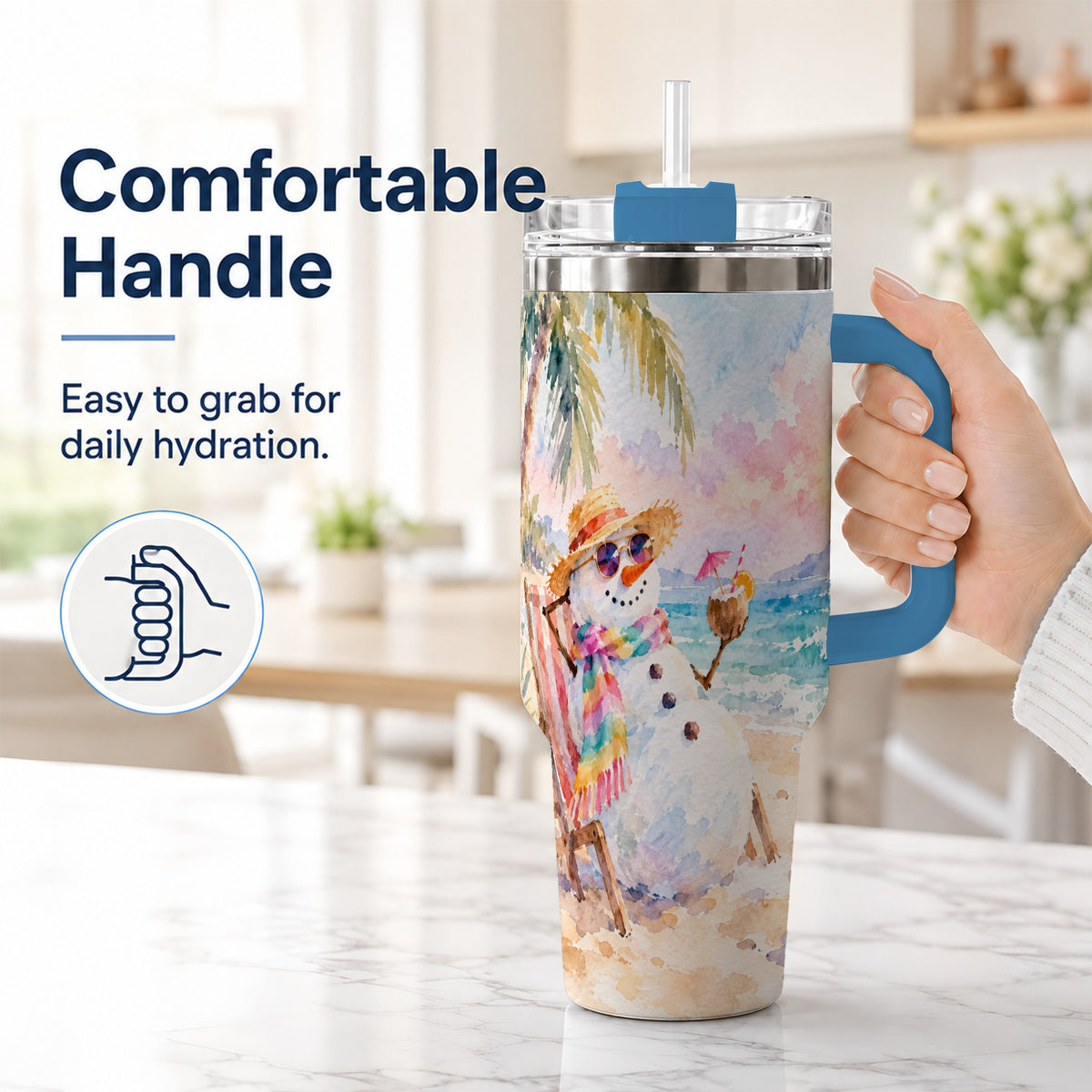 #pl[40oz|Blue] Beach Snowman 40oz Tumbler, Coastal Art Stainless Steel Travel Cup