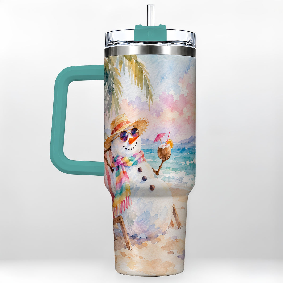 #pl[40oz|Green] Beach Snowman 40oz Tumbler, Coastal Art Stainless Steel Travel Cup