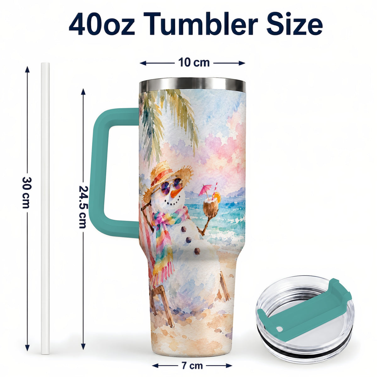 #pl[40oz|Green] Beach Snowman 40oz Tumbler, Coastal Art Stainless Steel Travel Cup
