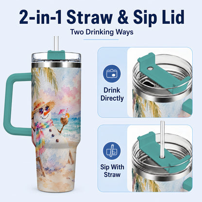 #pl[40oz|Green] Beach Snowman 40oz Tumbler, Coastal Art Stainless Steel Travel Cup