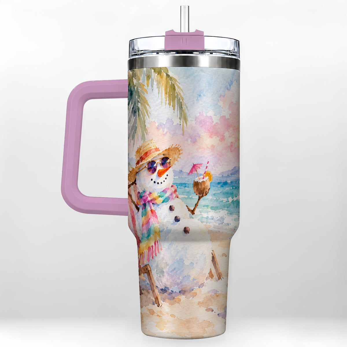 #pl[40oz|Pink] Beach Snowman 40oz Tumbler, Coastal Art Stainless Steel Travel Cup