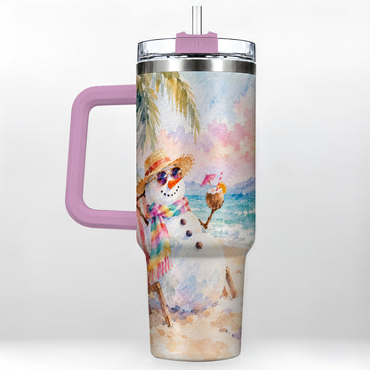 #pl[40oz|Pink] Beach Snowman 40oz Tumbler, Coastal Art Stainless Steel Travel Cup