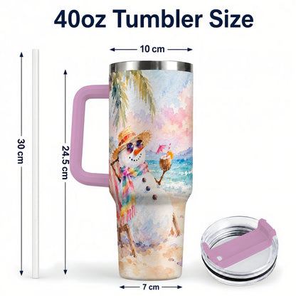 #pl[40oz|Pink] Beach Snowman 40oz Tumbler, Coastal Art Stainless Steel Travel Cup
