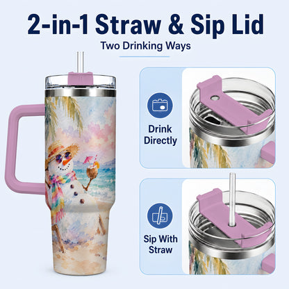 #pl[40oz|Pink] Beach Snowman 40oz Tumbler, Coastal Art Stainless Steel Travel Cup