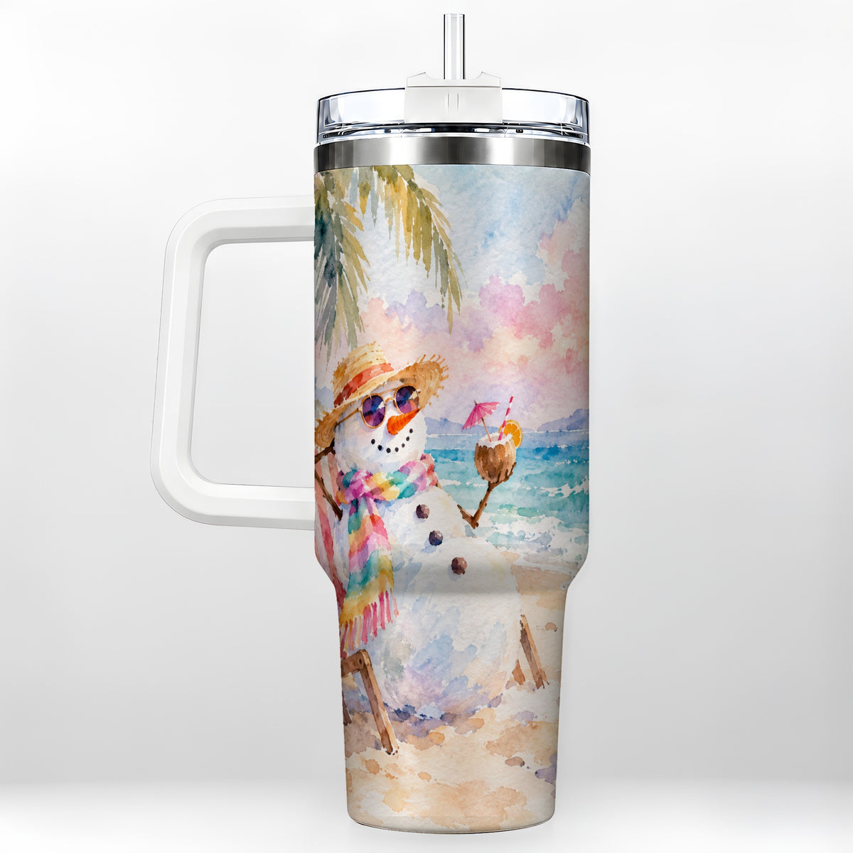 Beach Snowman 40oz Tumbler, Coastal Art Stainless Steel Travel Cup