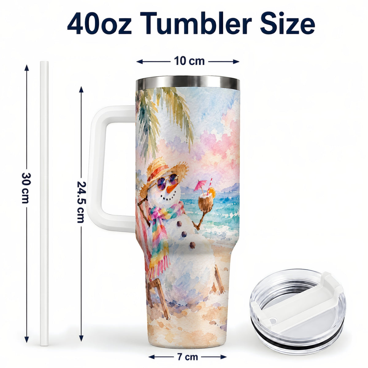 #pl[40oz|White] Beach Snowman 40oz Tumbler, Coastal Art Stainless Steel Travel Cup