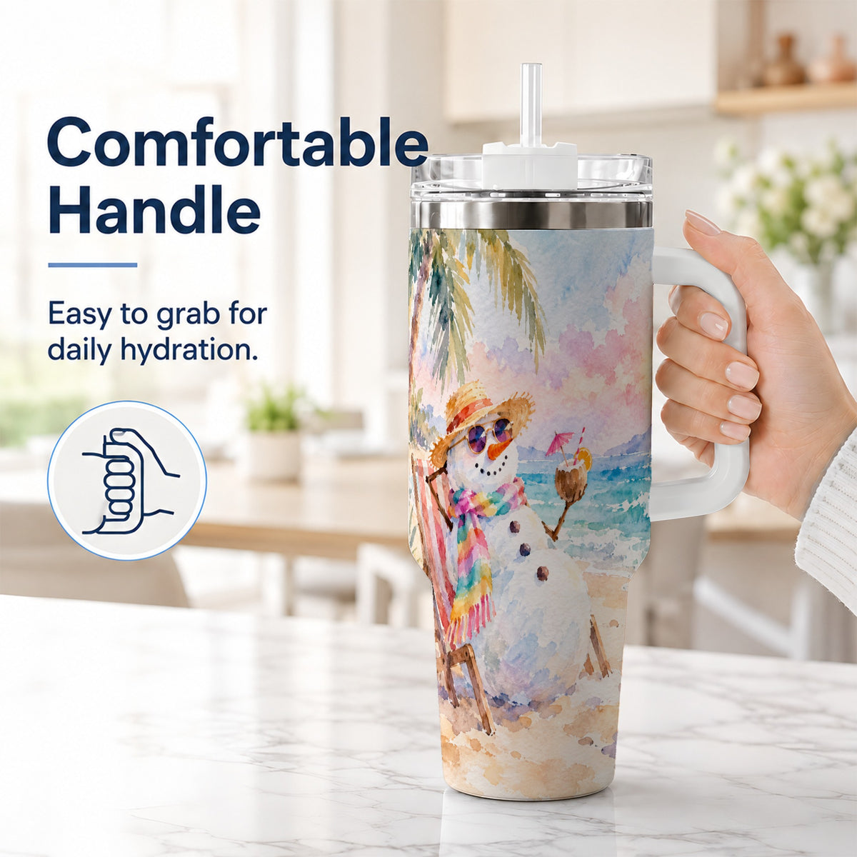 #pl[40oz|White] Beach Snowman 40oz Tumbler, Coastal Art Stainless Steel Travel Cup