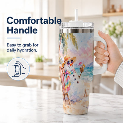 #pl[40oz|White] Beach Snowman 40oz Tumbler, Coastal Art Stainless Steel Travel Cup