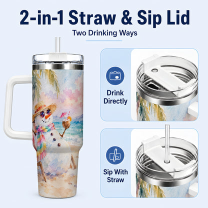 #pl[40oz|White] Beach Snowman 40oz Tumbler, Coastal Art Stainless Steel Travel Cup