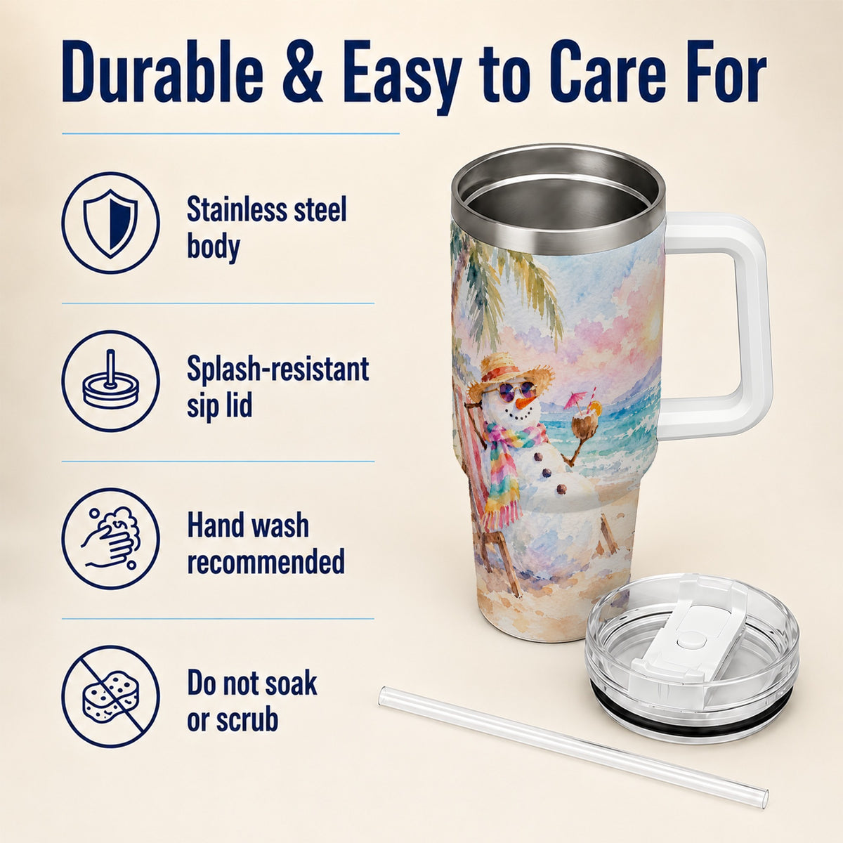 Beach Snowman 40oz Tumbler, Coastal Art Stainless Steel Travel Cup