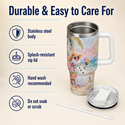 Beach Snowman 40oz Tumbler, Coastal Art Stainless Steel Travel Cup