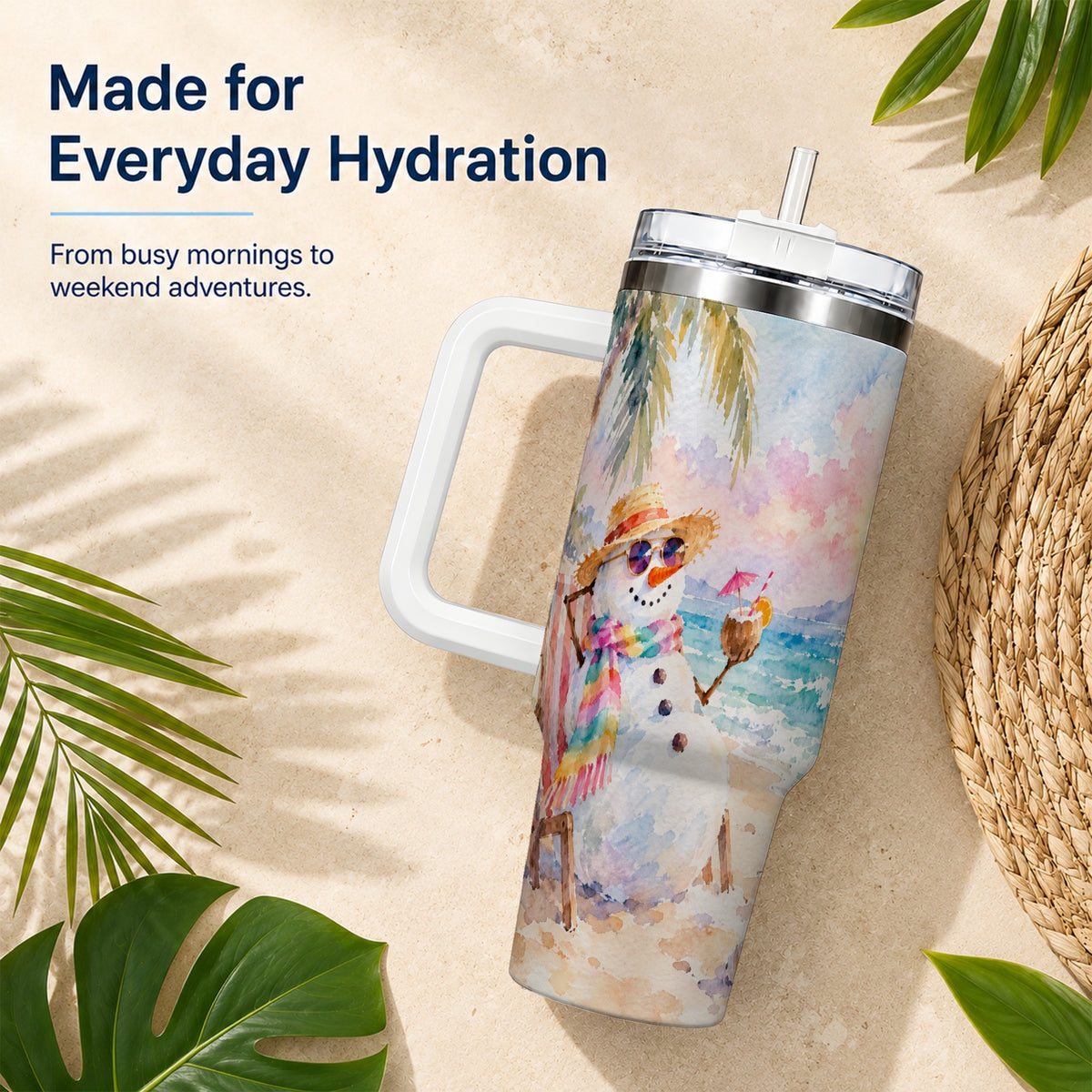 Beach Snowman 40oz Tumbler, Coastal Art Stainless Steel Travel Cup