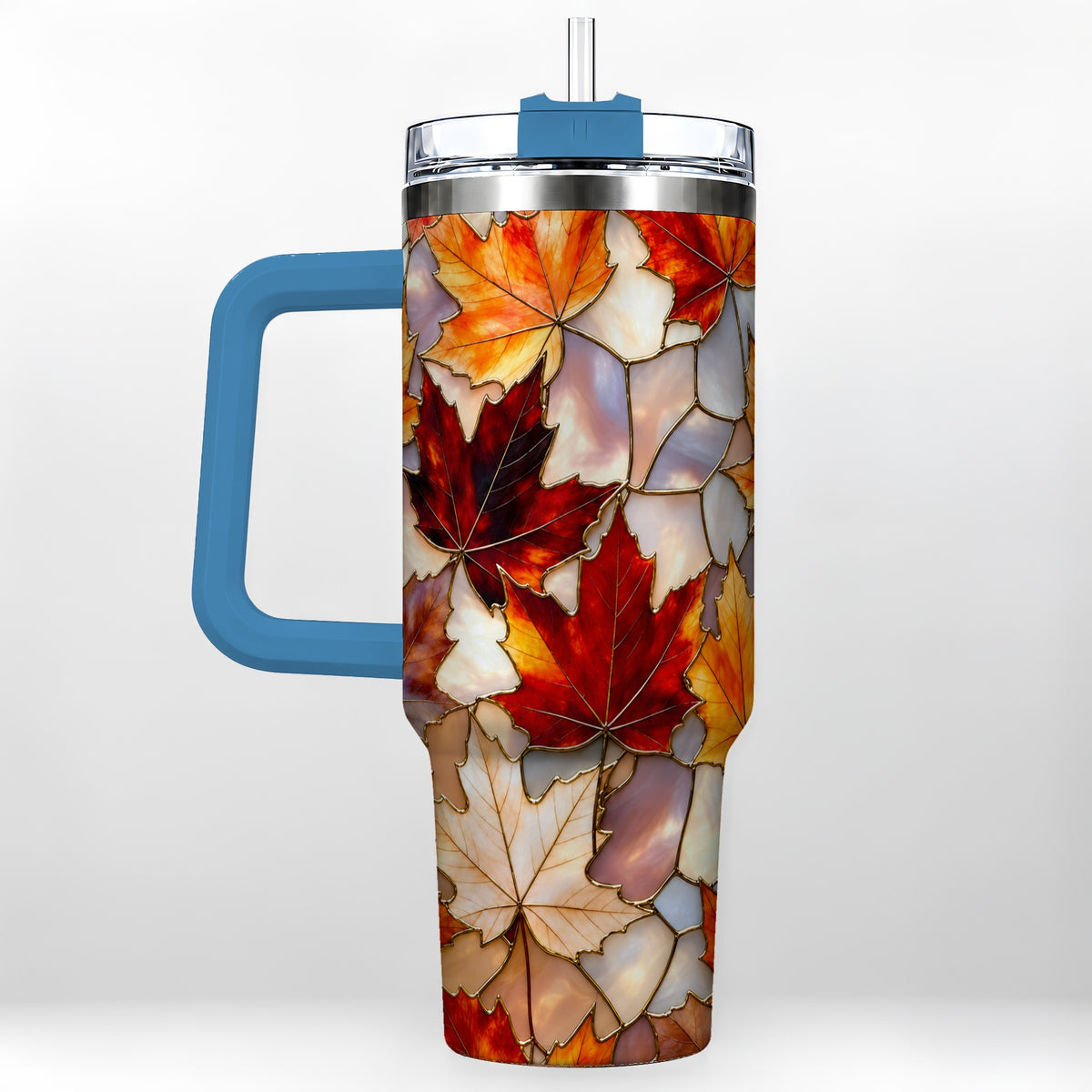 #pl[40oz|Blue] Maple Leaf 40oz Tumbler, Autumn Stained Glass Stainless Steel Cup