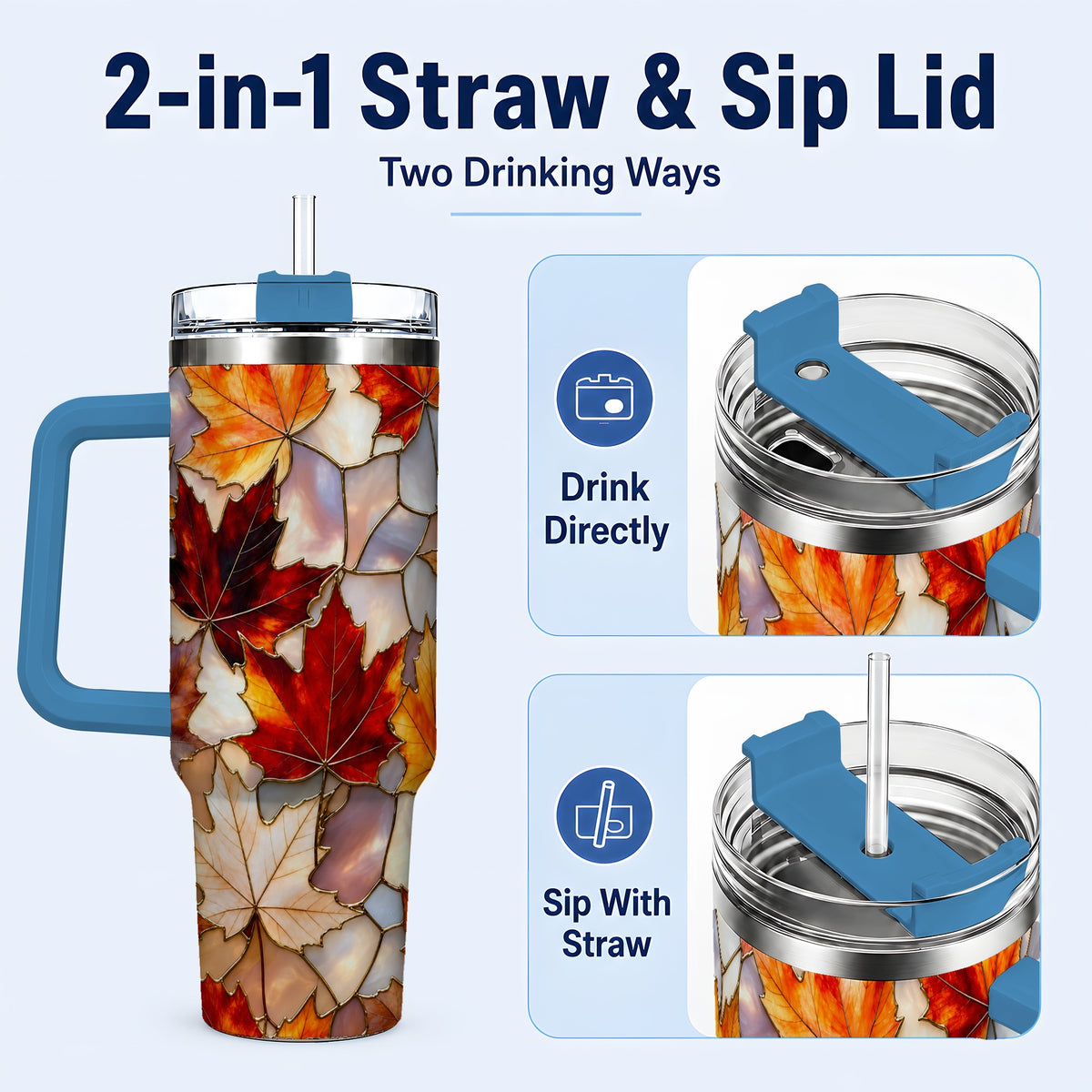 #pl[40oz|Blue] Maple Leaf 40oz Tumbler, Autumn Stained Glass Stainless Steel Cup