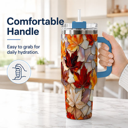 #pl[40oz|Blue] Maple Leaf 40oz Tumbler, Autumn Stained Glass Stainless Steel Cup