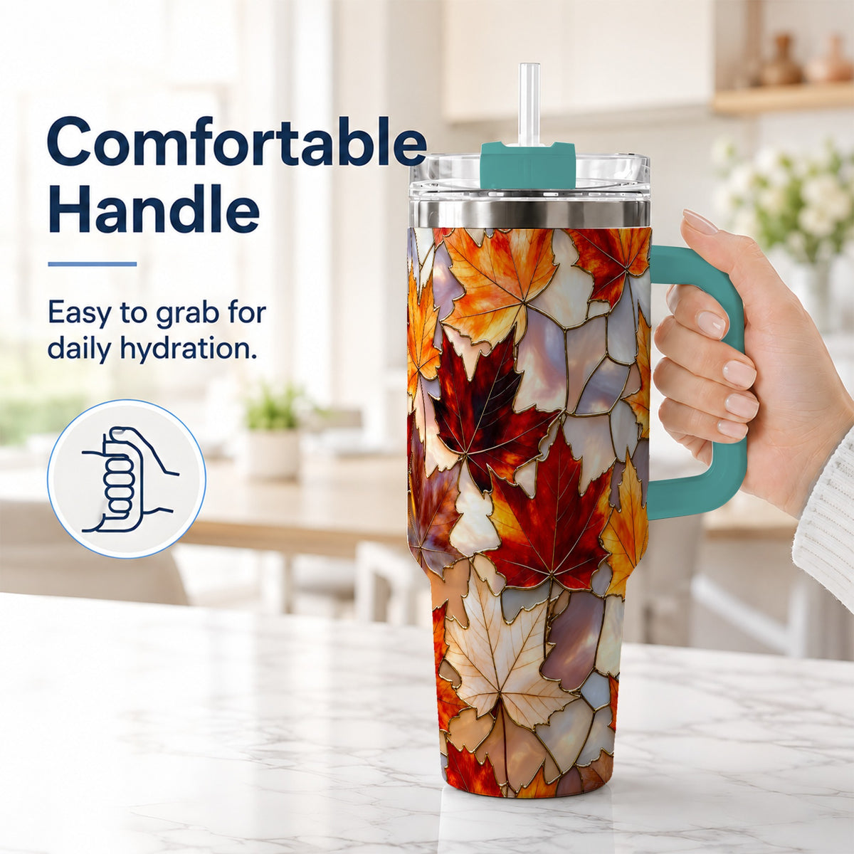 #pl[40oz|Green] Maple Leaf 40oz Tumbler, Autumn Stained Glass Stainless Steel Cup