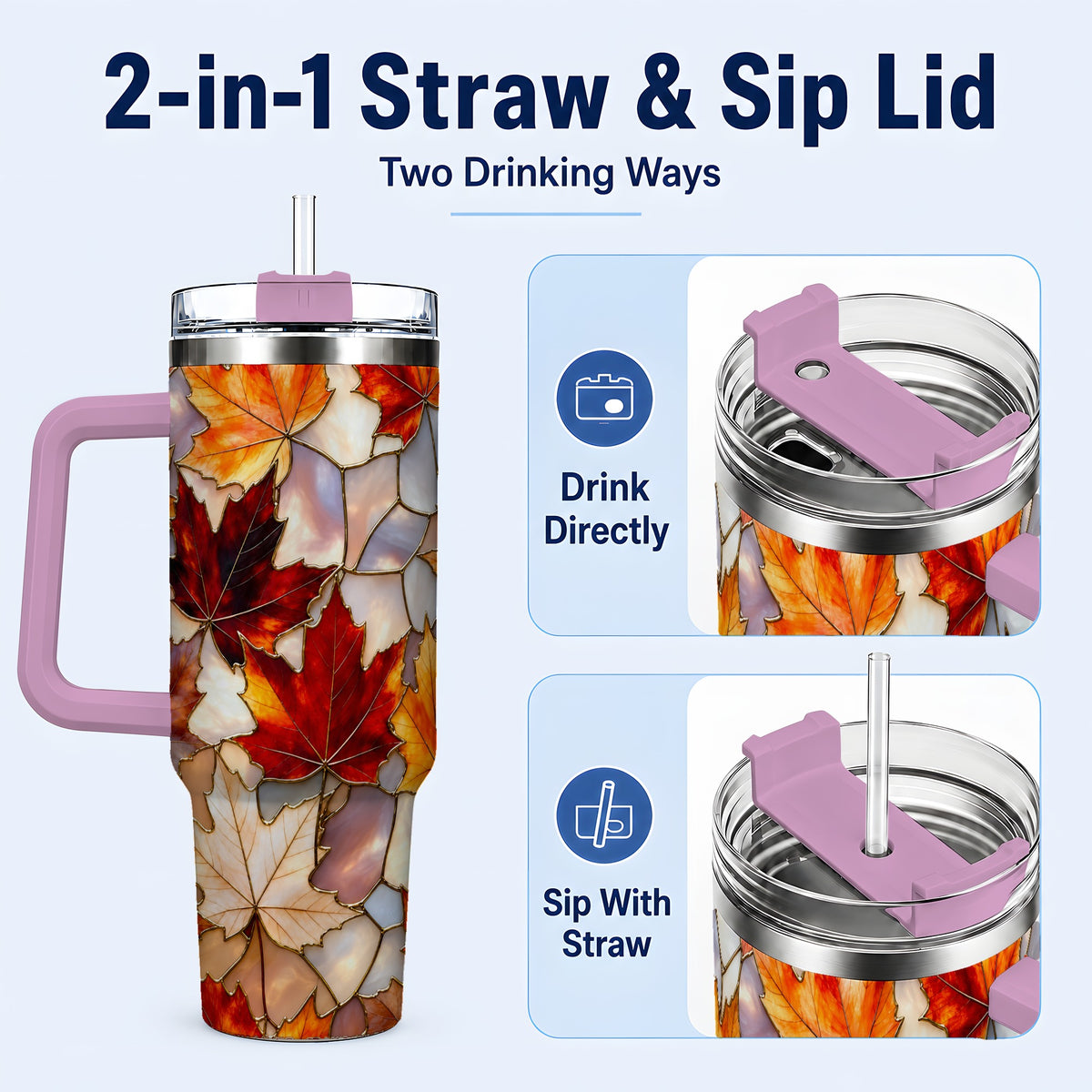 #pl[40oz|Pink] Maple Leaf 40oz Tumbler, Autumn Stained Glass Stainless Steel Cup