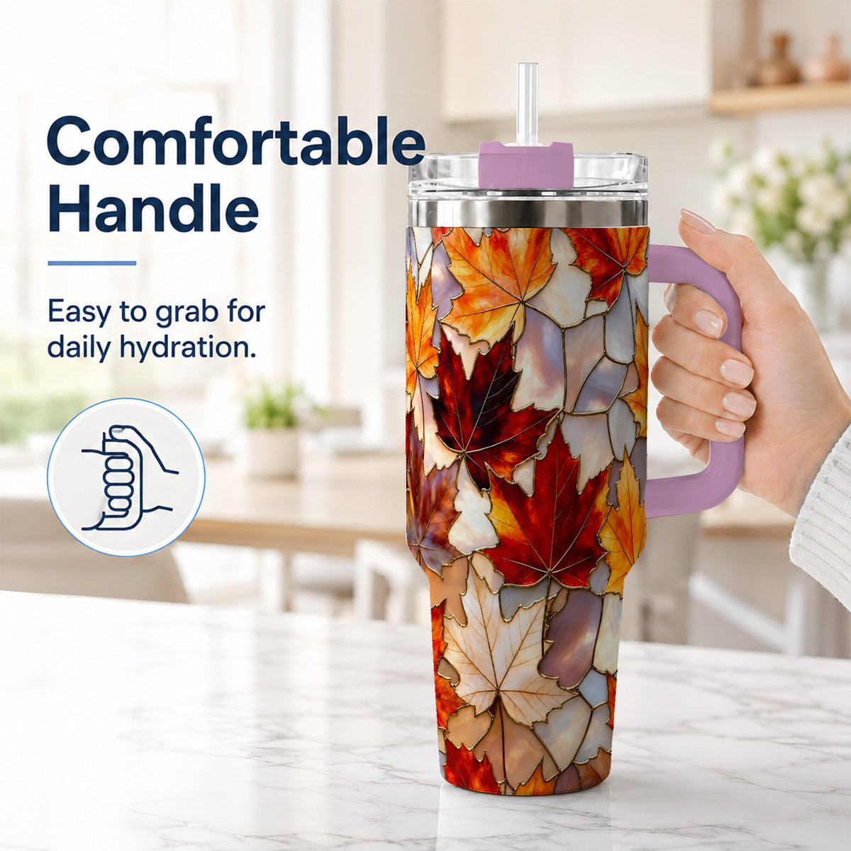 #pl[40oz|Pink] Maple Leaf 40oz Tumbler, Autumn Stained Glass Stainless Steel Cup