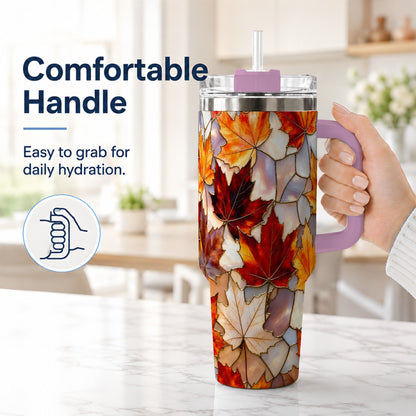#pl[40oz|Pink] Maple Leaf 40oz Tumbler, Autumn Stained Glass Stainless Steel Cup