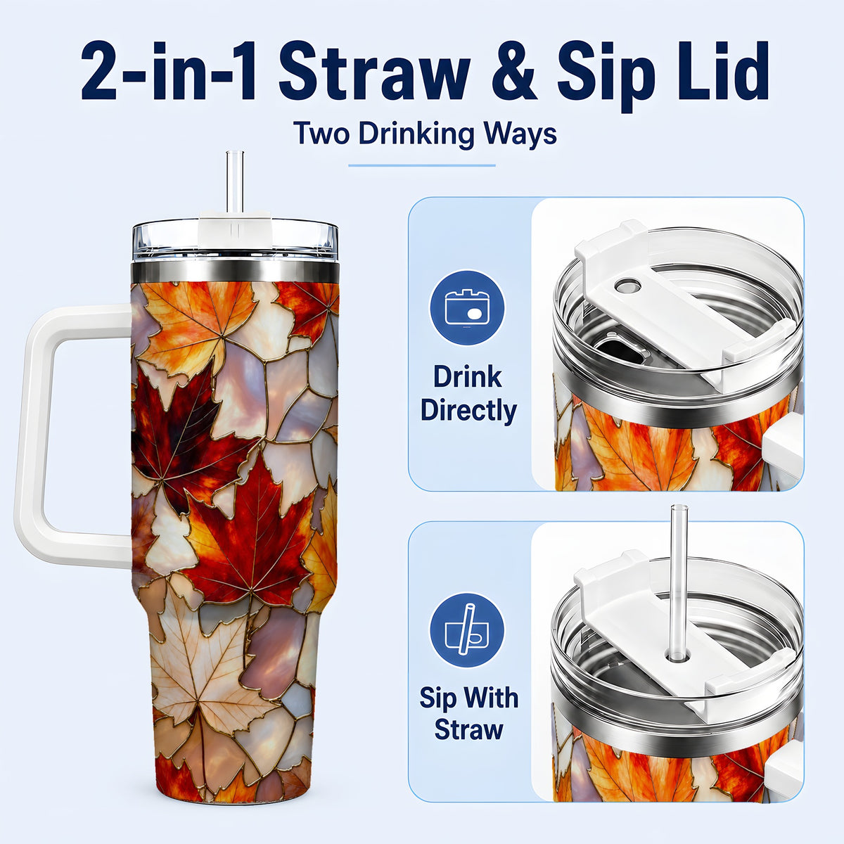 #pl[40oz|White] Maple Leaf 40oz Tumbler, Autumn Stained Glass Stainless Steel Cup