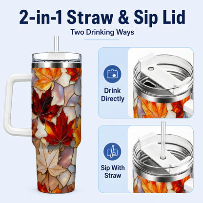#pl[40oz|White] Maple Leaf 40oz Tumbler, Autumn Stained Glass Stainless Steel Cup