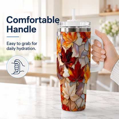 #pl[40oz|White] Maple Leaf 40oz Tumbler, Autumn Stained Glass Stainless Steel Cup