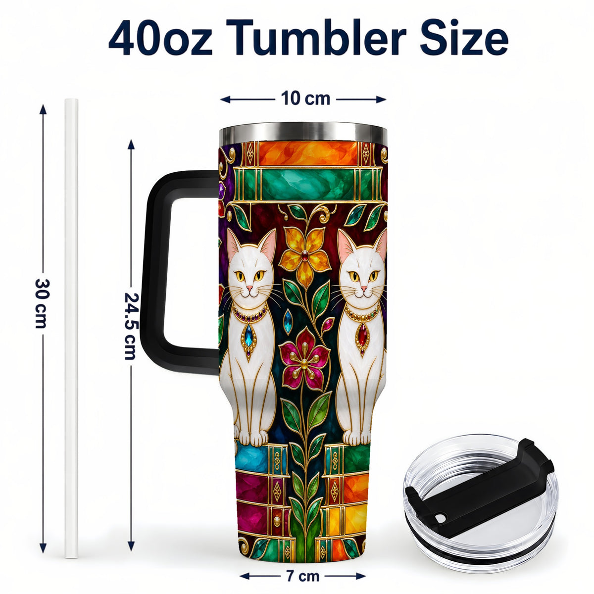 #pl[40oz|Black] Jeweled White Cats 40oz Tumbler, Floral Cat Stainless Steel Travel Cup