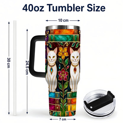 #pl[40oz|Black] Jeweled White Cats 40oz Tumbler, Floral Cat Stainless Steel Travel Cup