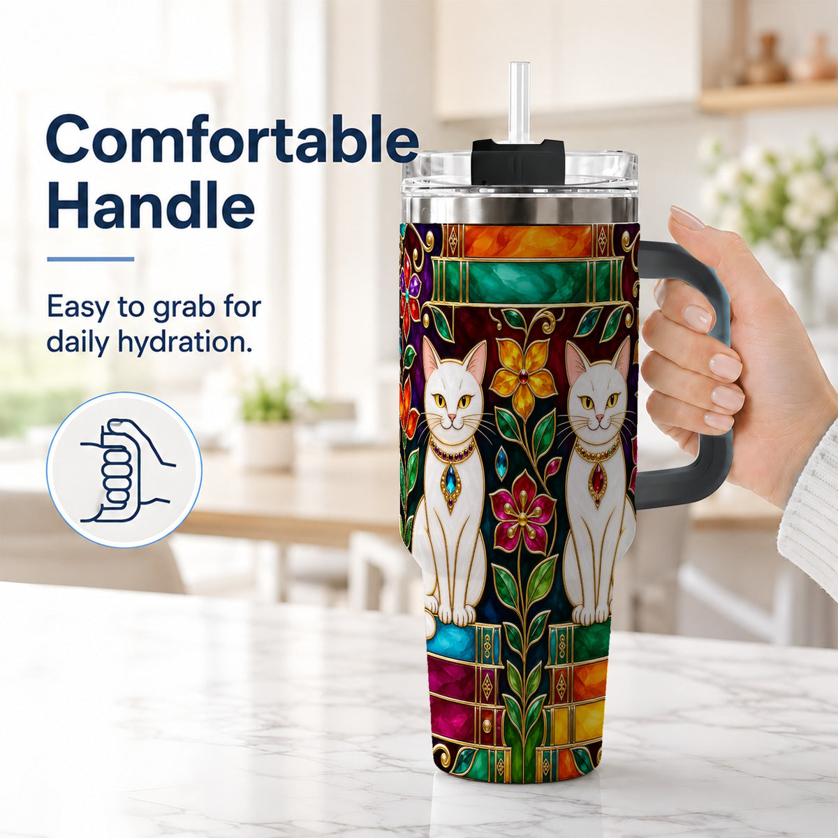 #pl[40oz|Black] Jeweled White Cats 40oz Tumbler, Floral Cat Stainless Steel Travel Cup