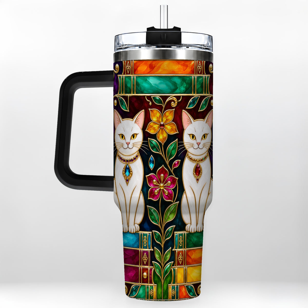 #pl[40oz|Black] Jeweled White Cats 40oz Tumbler, Floral Cat Stainless Steel Travel Cup
