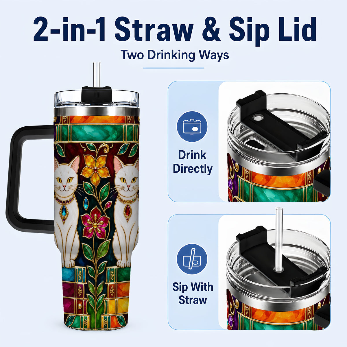 #pl[40oz|Black] Jeweled White Cats 40oz Tumbler, Floral Cat Stainless Steel Travel Cup