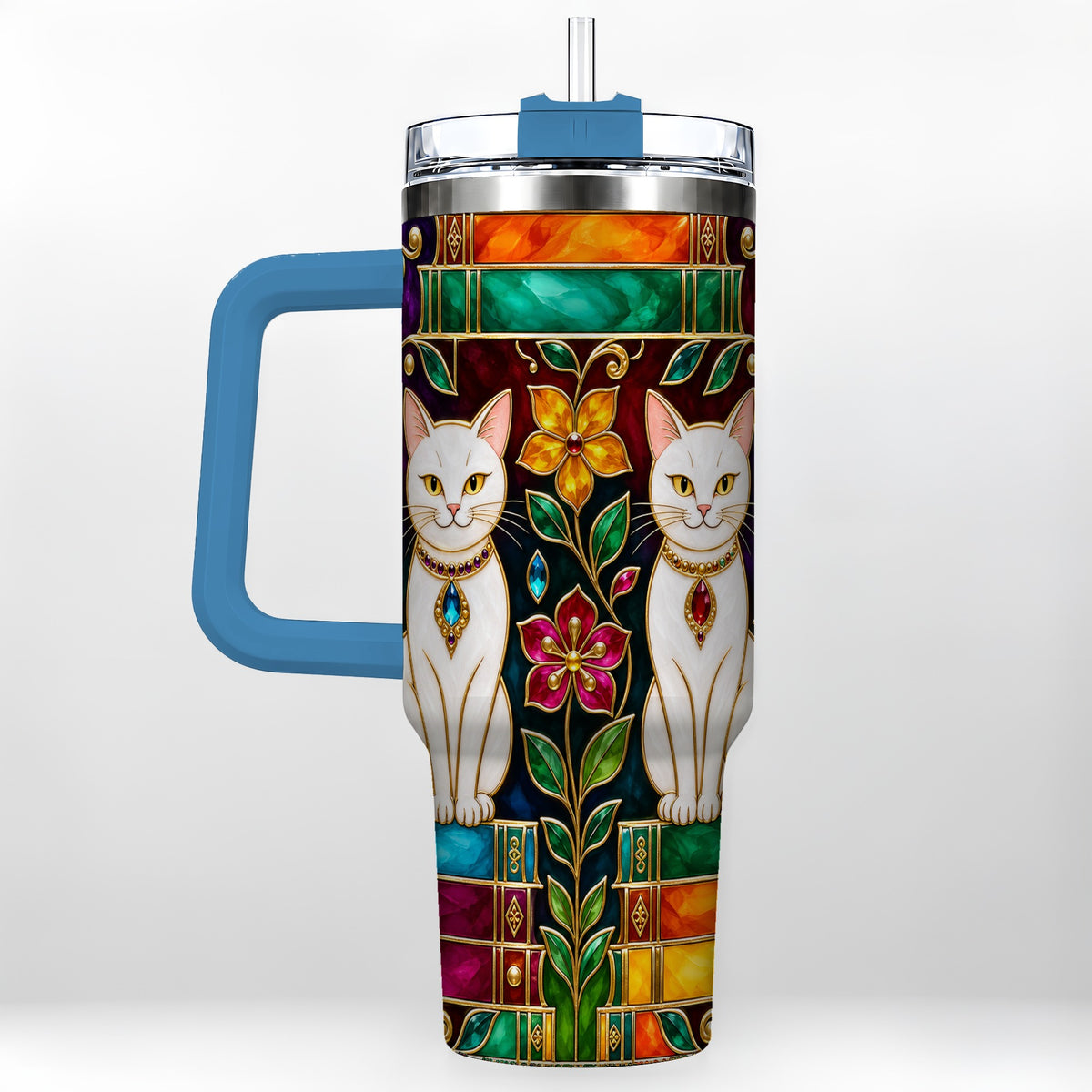 #pl[40oz|Blue] Jeweled White Cats 40oz Tumbler, Floral Cat Stainless Steel Travel Cup