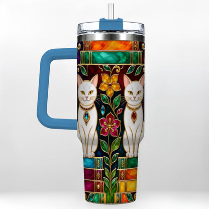 #pl[40oz|Blue] Jeweled White Cats 40oz Tumbler, Floral Cat Stainless Steel Travel Cup