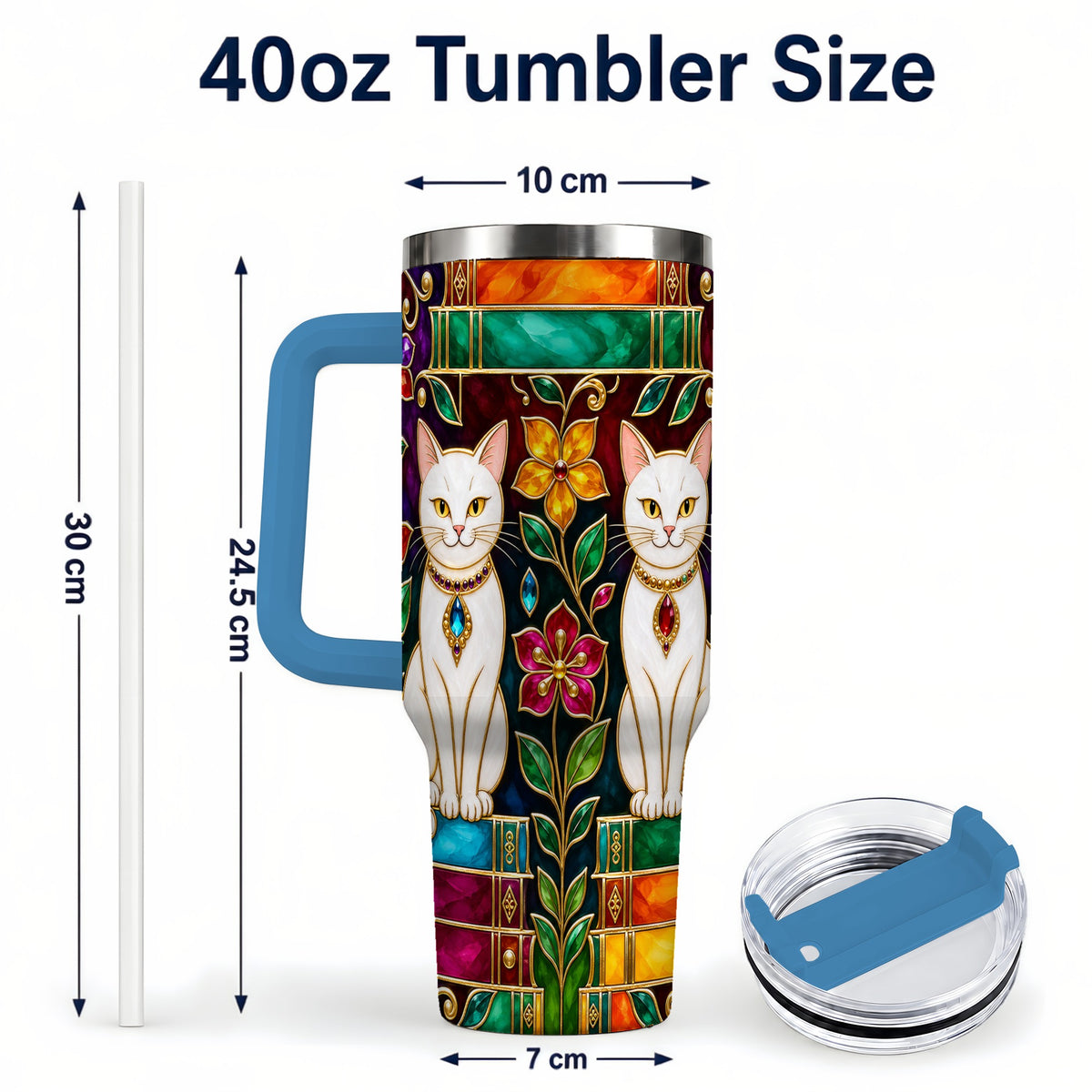 #pl[40oz|Blue] Jeweled White Cats 40oz Tumbler, Floral Cat Stainless Steel Travel Cup