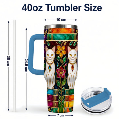 #pl[40oz|Blue] Jeweled White Cats 40oz Tumbler, Floral Cat Stainless Steel Travel Cup
