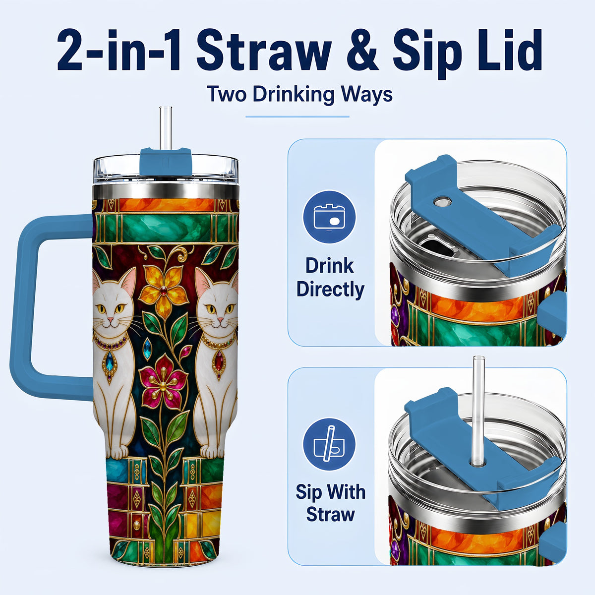 #pl[40oz|Blue] Jeweled White Cats 40oz Tumbler, Floral Cat Stainless Steel Travel Cup