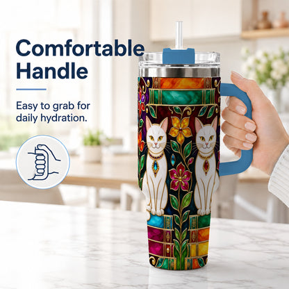 #pl[40oz|Blue] Jeweled White Cats 40oz Tumbler, Floral Cat Stainless Steel Travel Cup