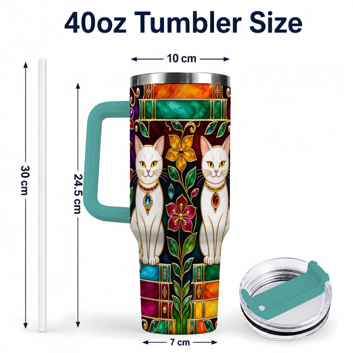 #pl[40oz|Green] Jeweled White Cats 40oz Tumbler, Floral Cat Stainless Steel Travel Cup