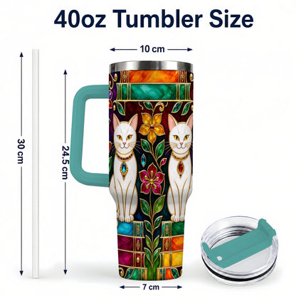#pl[40oz|Green] Jeweled White Cats 40oz Tumbler, Floral Cat Stainless Steel Travel Cup