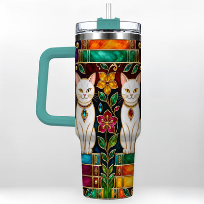 #pl[40oz|Green] Jeweled White Cats 40oz Tumbler, Floral Cat Stainless Steel Travel Cup