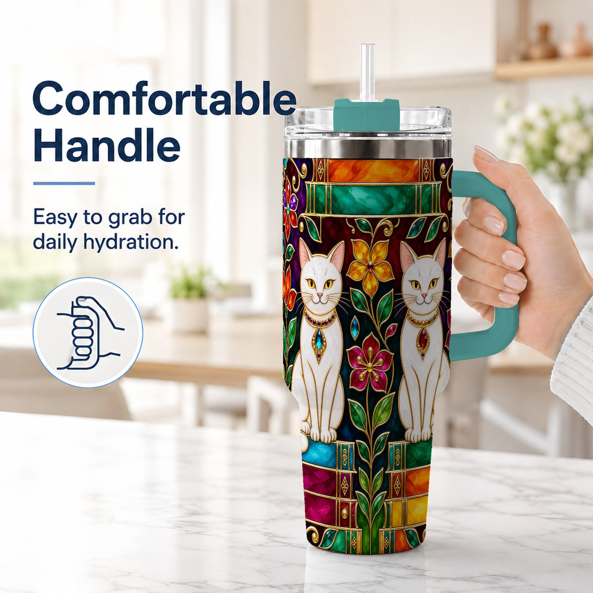 #pl[40oz|Green] Jeweled White Cats 40oz Tumbler, Floral Cat Stainless Steel Travel Cup