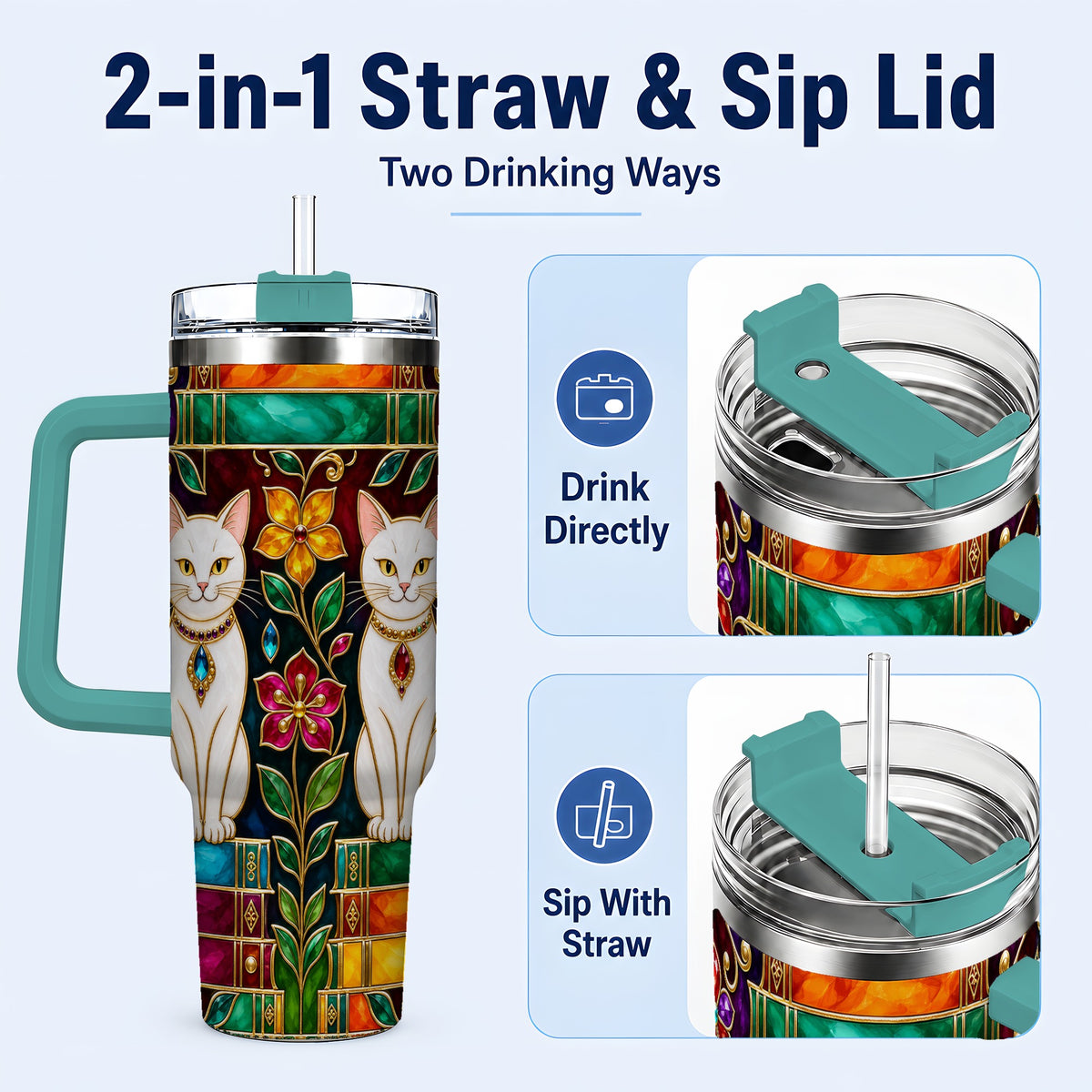 #pl[40oz|Green] Jeweled White Cats 40oz Tumbler, Floral Cat Stainless Steel Travel Cup